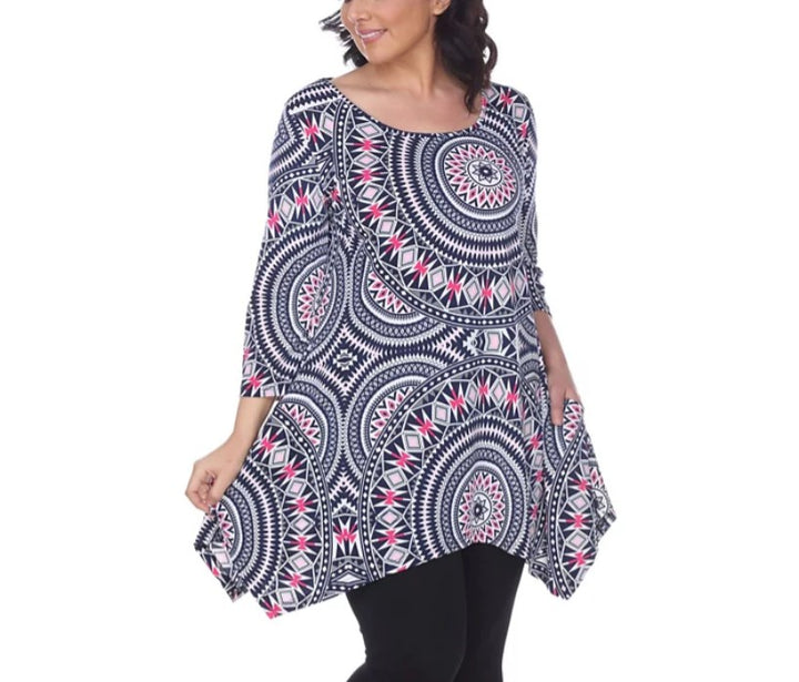 White Mark Women's Scoop Neck 3/4 Sleeve Maji Tunic Top Red Geo Plus Size 1XL