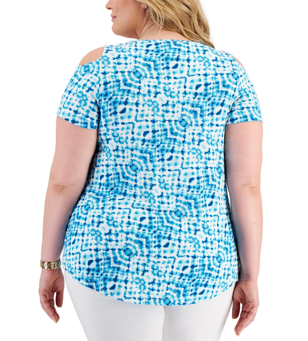 JM Collection Women's Printed Cold-Shoulder Top Seafoam Blue Combo Plus Size 4X