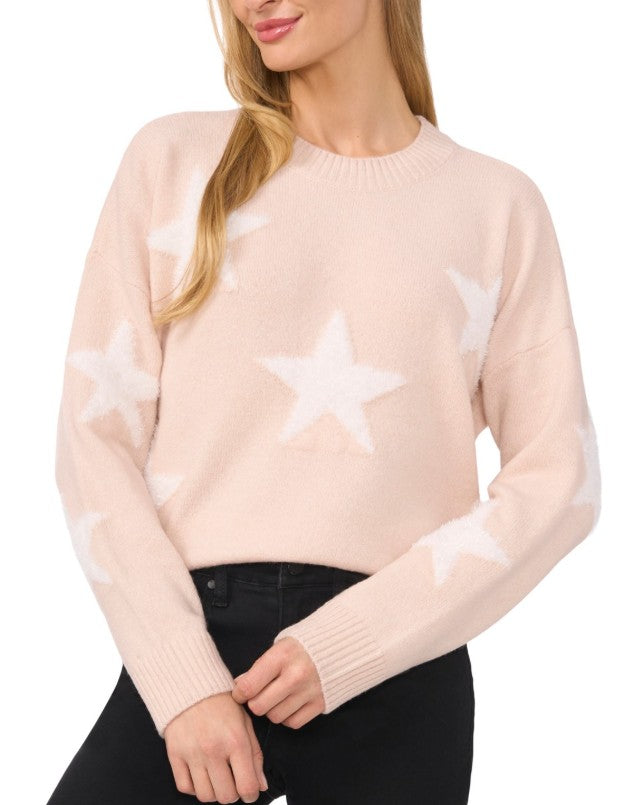 CeCe Women's Star-Print Long-Sleeve Crewneck Sweater Blushing Size L