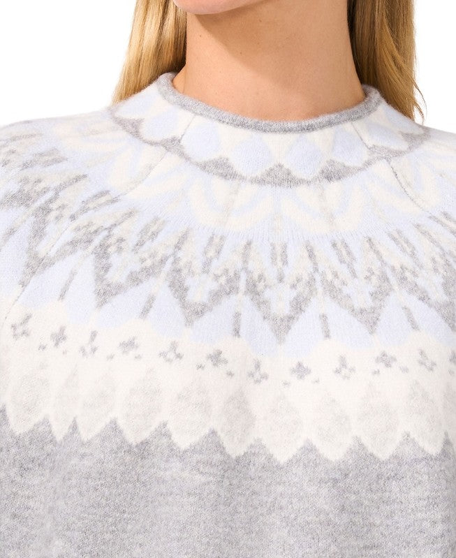 CeCe Women's Fair Isle Long Sleeve Mock Neck Sweater Light Heather Grey SIze M