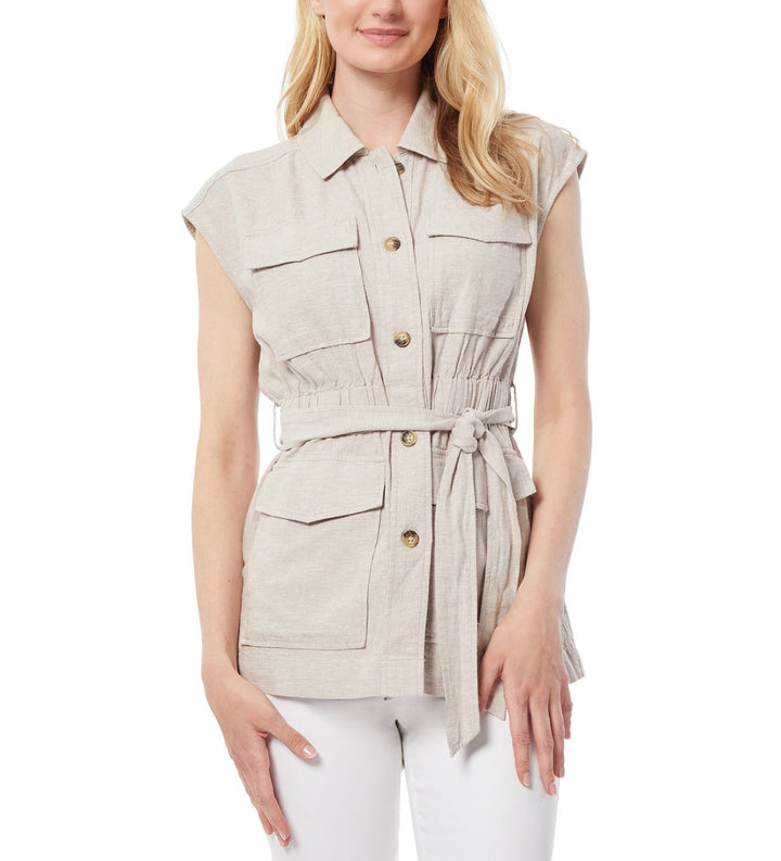 Jones New York Women's Washed Linen-Blend Safari Vest Beigestone Size L