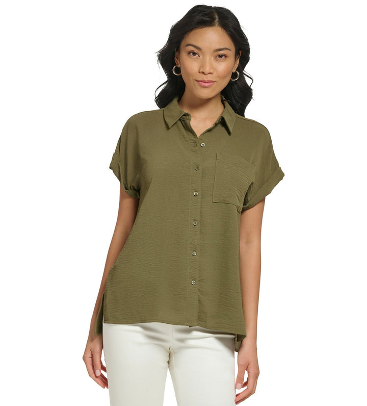 Calvin Klein Women's Short Sleeve Button Down Shirt Top Caper Size S