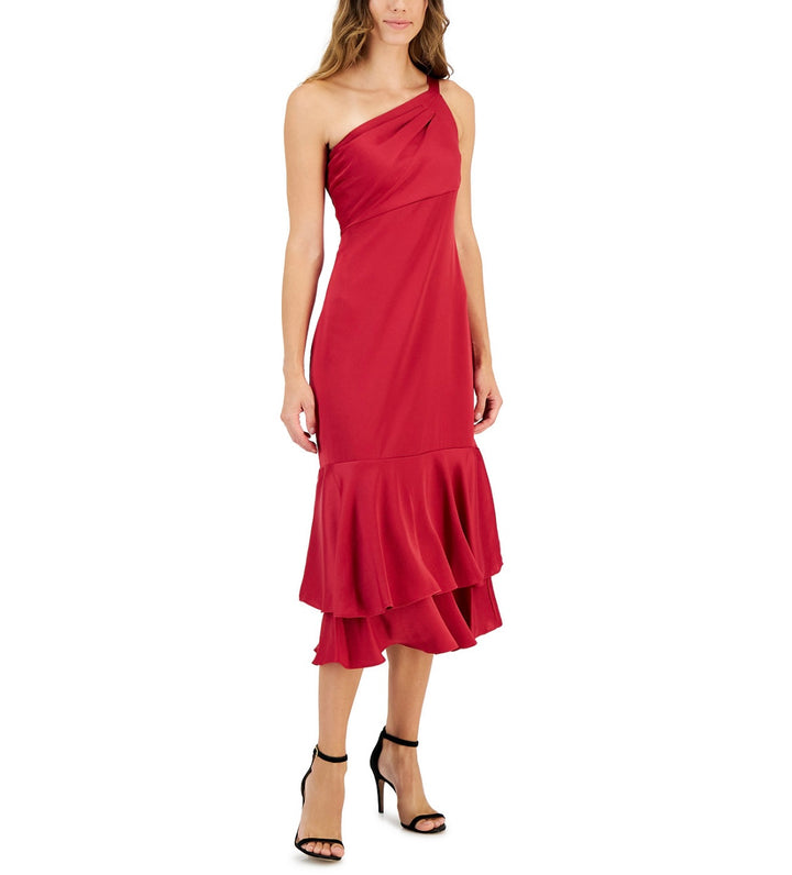 Taylor Women's Ruffled One-Shoulder Midi Dress Vivid Burgundy Size 8