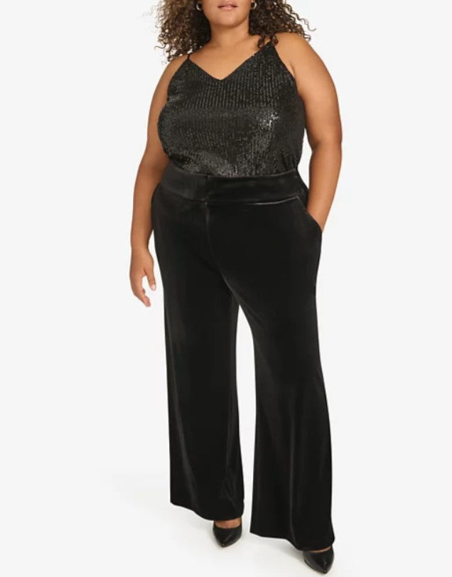 Calvin Klein Women's High Rise Wide Leg Velvet Pants Black Plus Size 24W