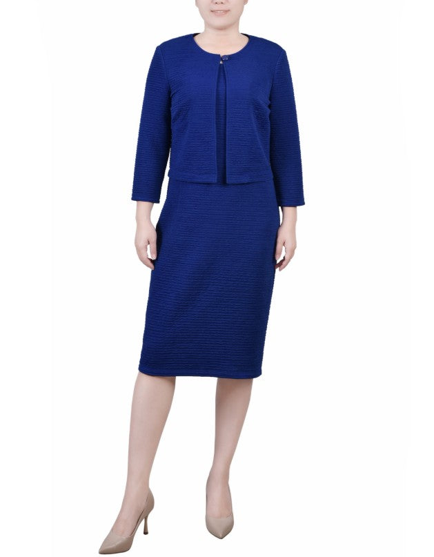 NY Collection Textured 3/4 Sleeve Two Piece Dress Set Blue Petite Size 12P