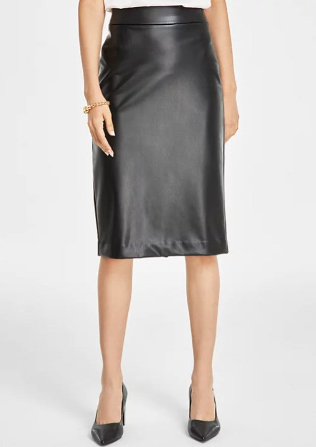 Anne Klein Women's Pull-On Faux Leather Skimmer Skirt Black Size L