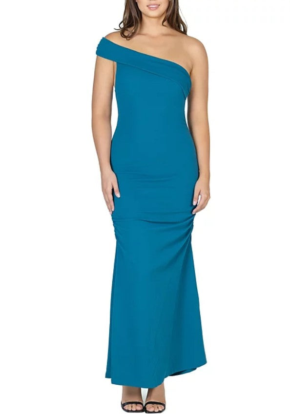 24Seven Comfort Apparel Women's Party One Shoulder Rouched Maxi Dress Teal