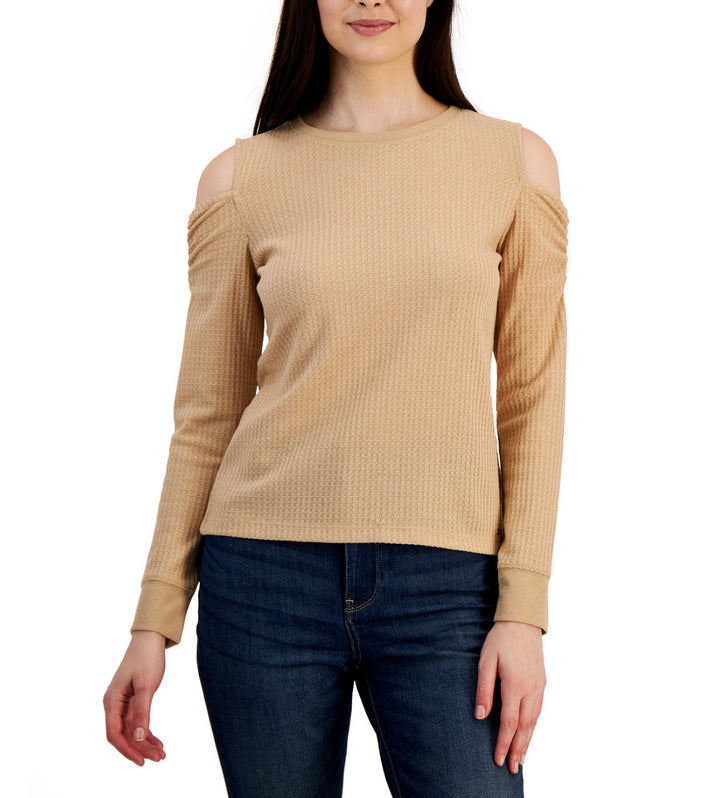 Tommy Hilfiger Women's Metallic Waffled Long Sleeve Cold-Shoulder Shirt Camel