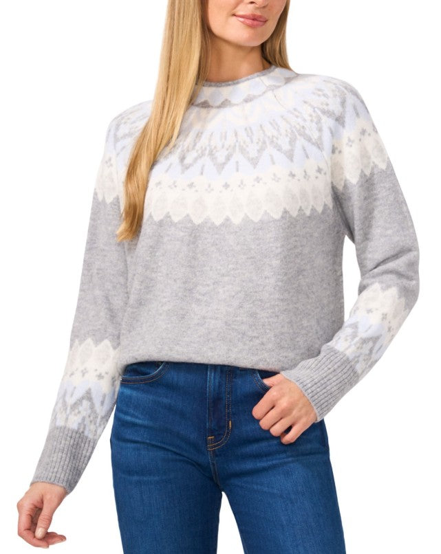 CeCe Women's Fair Isle Long Sleeve Mock Neck Sweater Light Heather Grey SIze M