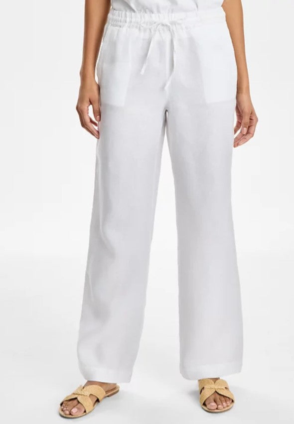 Charter Club Women's 100% Linen Drawstring Pants Bright White Petite Size PL