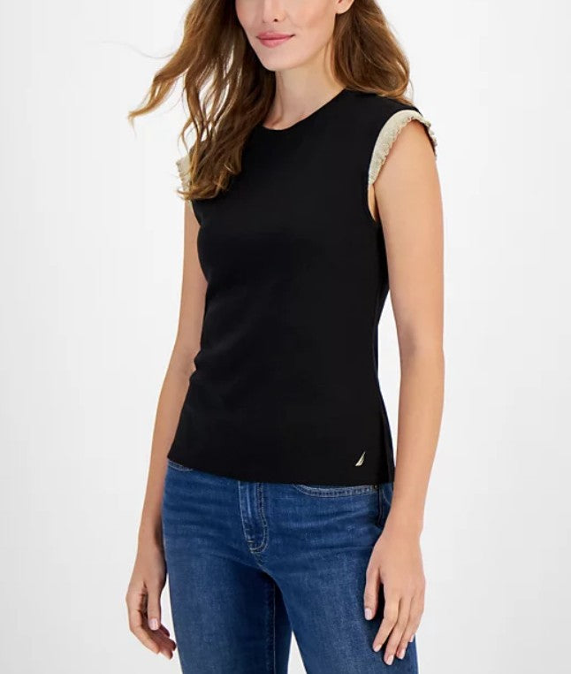 Nautica Jeans Women's Metallic-Ruffle Sleeveless Top Black Size M