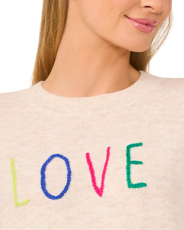 CeCe Women's Love Embroidered Crewneck Long-Sleeve Sweater Malted Size L