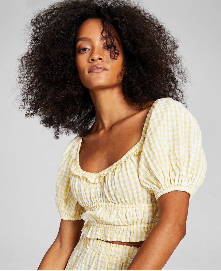And Now This Women's Short Sleeve Cotton Crop Top Yellow Gingham