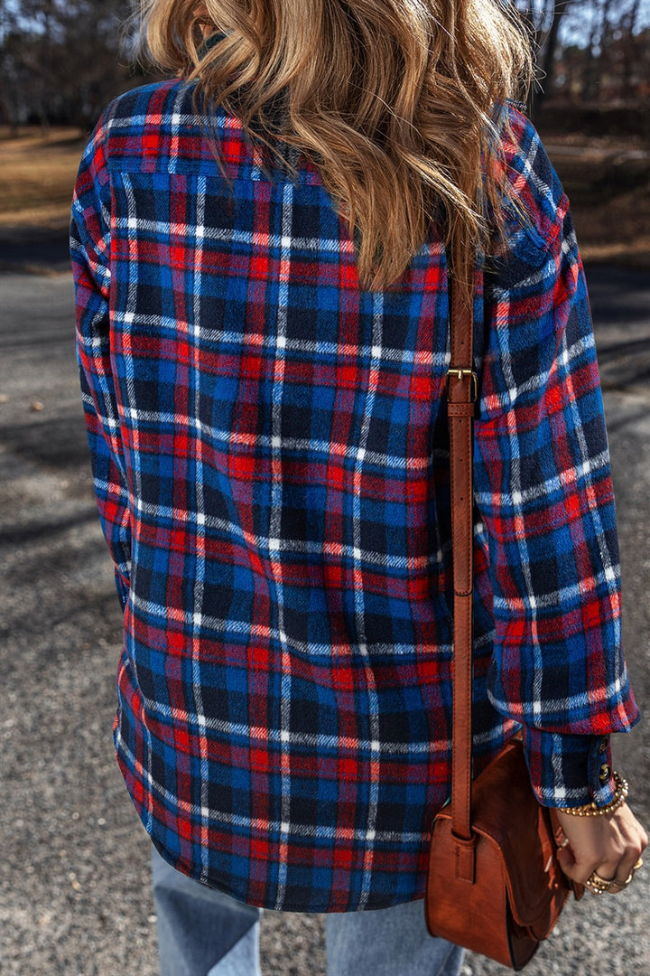 Pocketed Plaid Collared Neck Long Sleeve Shacket