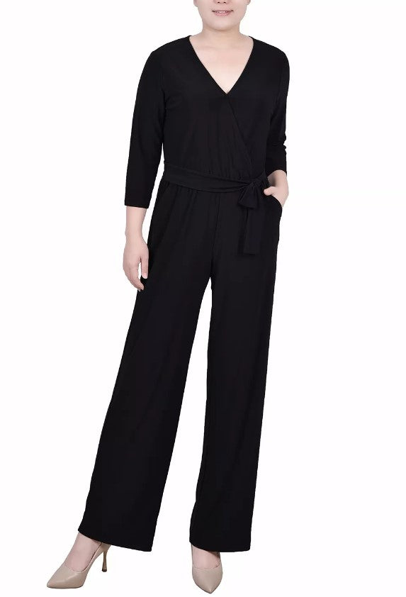 NY Collection Women's Petite Short 3/4 Sleeve Belted Wide Leg Jumpsuit Black