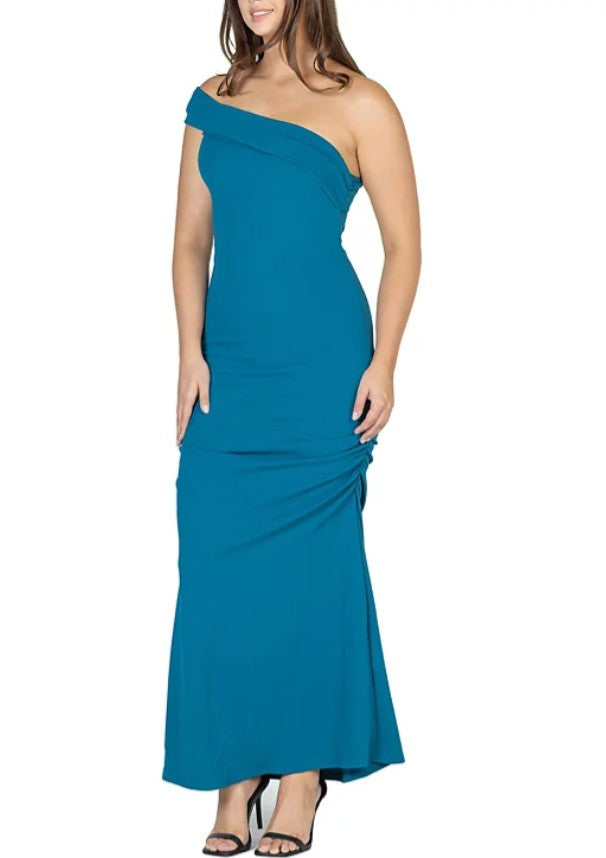 24Seven Comfort Apparel Women's Party One Shoulder Rouched Maxi Dress Teal