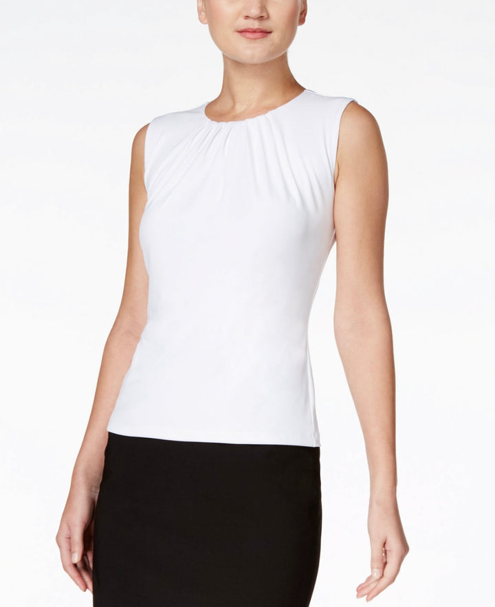 Calvin Klein Women's Sleeveless Pleat Neck Top White Size 6