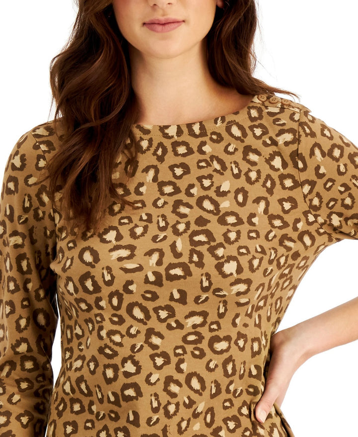 Charter Club Women's Leopard-Print Boat-Neck Top Salty Nut Combo Size S