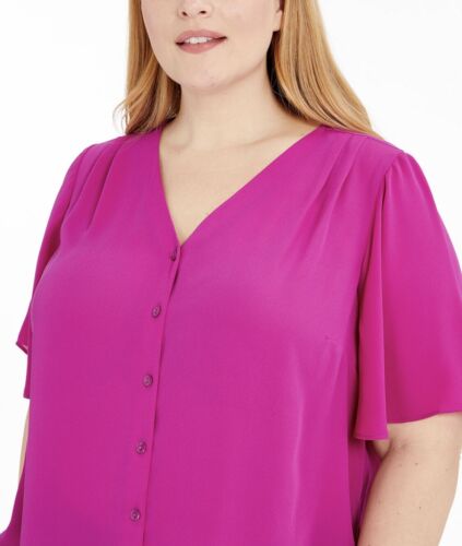 Alfani Women's Plus Button Front Flutter Sleeve Top Fuchsia Sizes 1X,2X,3X
