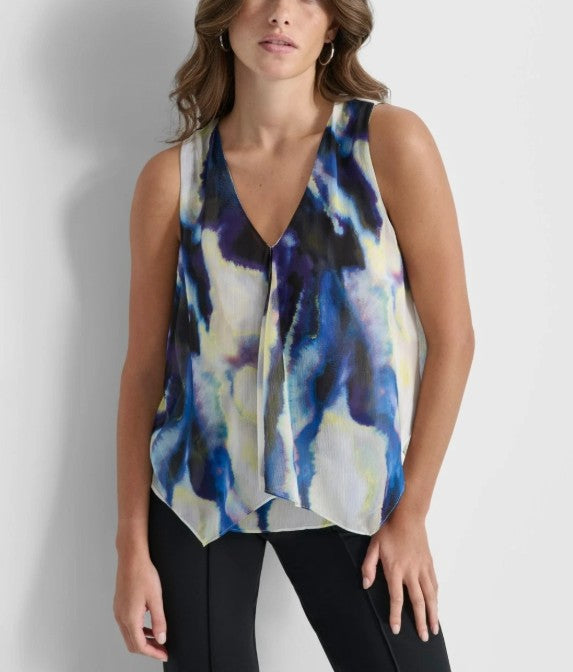 DKNY Women's Printed V-Neck Sleeveless Top Vertical Wave
