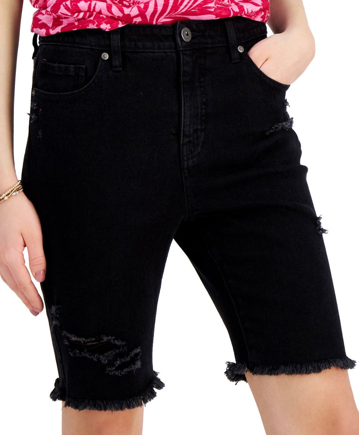 Style & Co. Women's High Rise Ripped Denim Bermuda Shorts Washed Black Size 10