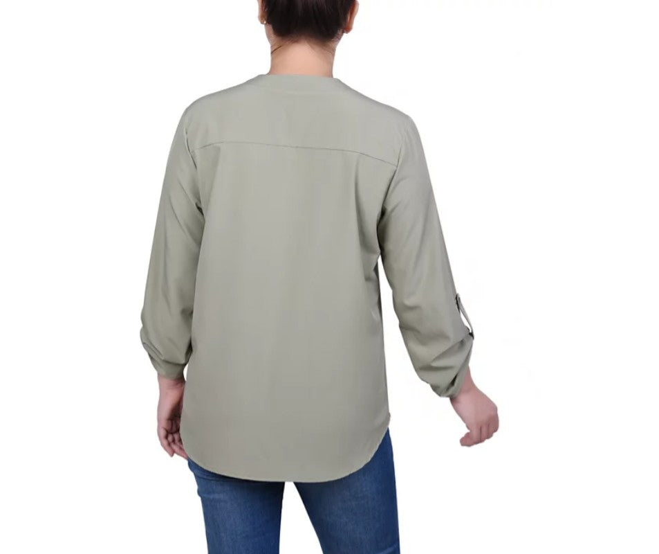 NY Collection Roll Tab Sleeve Blouse with Pockets Tea Petite Size PM