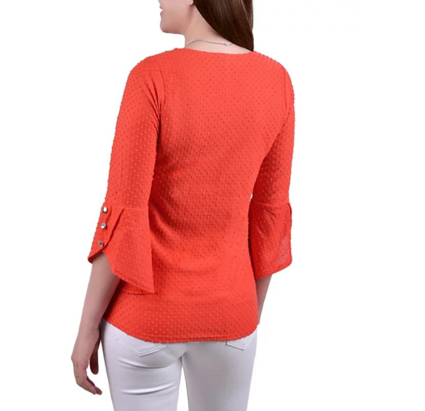 NY Collection Women's 3/4 Tulip Sleeve Top with Necklace Petite Size PXL