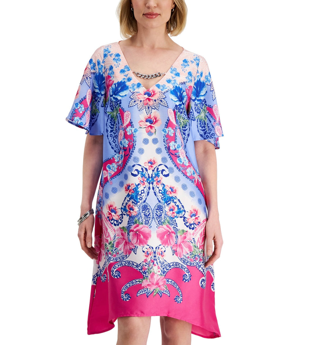 JM Collection Women's Short Sleeve V-Neck Floral Printed Swing Dress