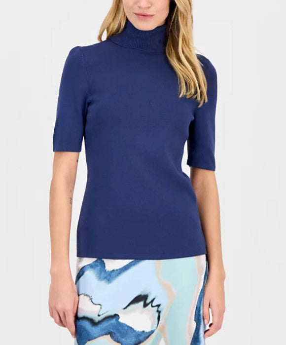 Anne Klein Women's Half-Sleeve Turtleneck Sweater Blue Carbon Size M