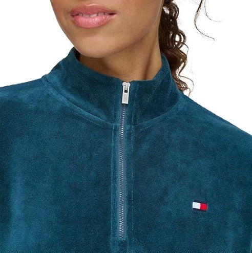 Tommy Hilfiger Women's Cropped Velour Pullover Jacket Oceanic