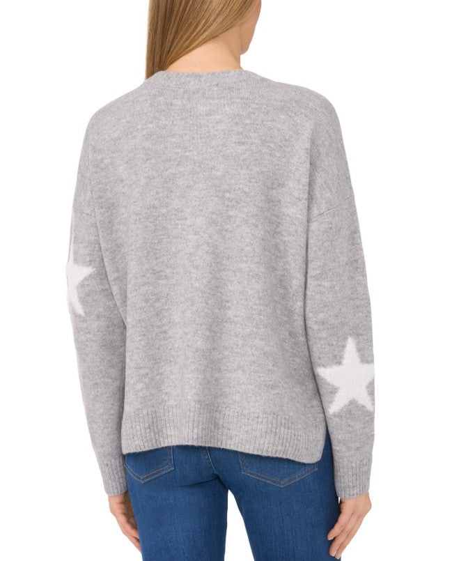 CeCe Women's Star-Print Long-Sleeve Crewneck Sweater Light Heather Grey Size M