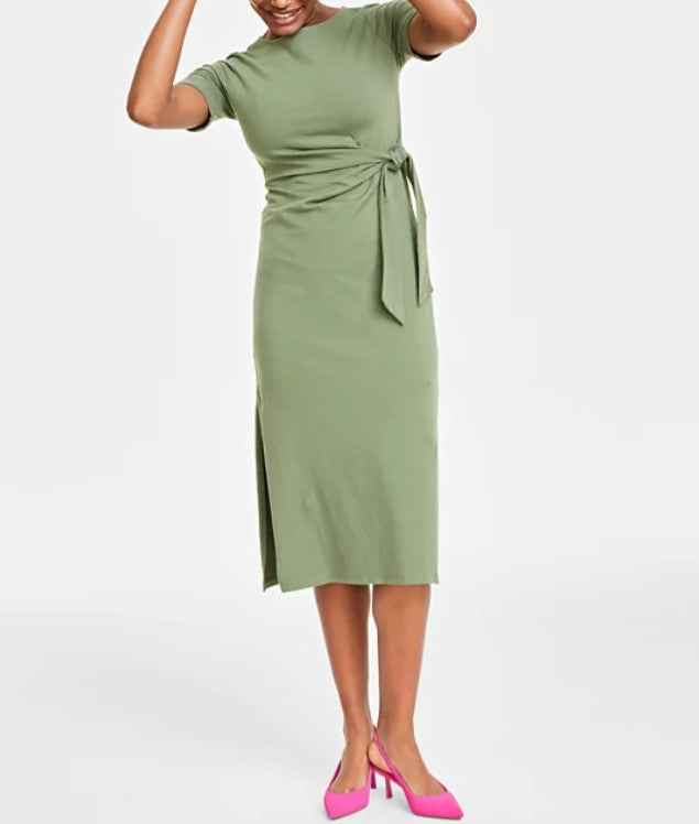 On 34th Women's Short Sleeves Crewneck Wrap Tie Dress Olivine Size M