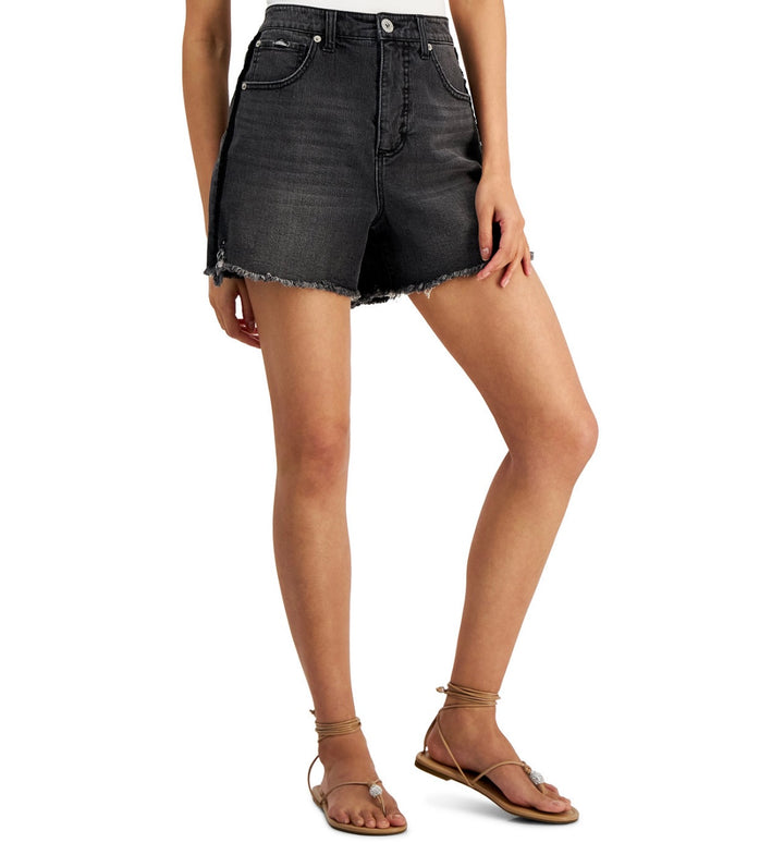 INC International Concepts Women's High Rise Crotchet-Trim Shorts Washed Black