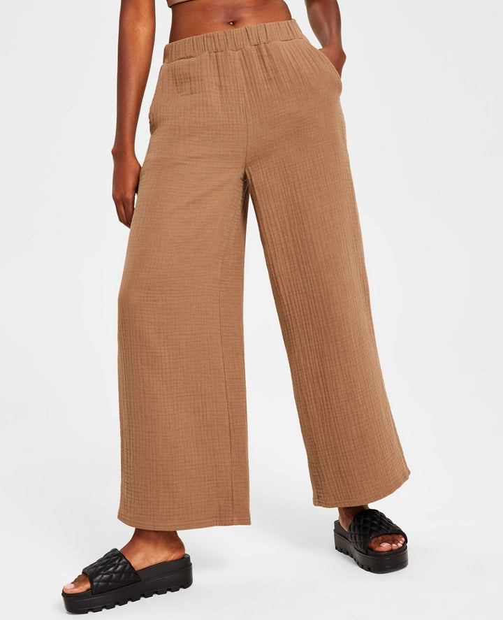 Jenni Style Not Size Women's Double Cloth Gauze Solid Wide Leg Pant Tobacco Tan