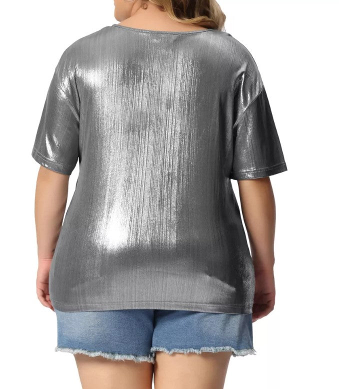 Agnes Orinda Women's Metallic Holographic Concert Carival Party Blouse Silver