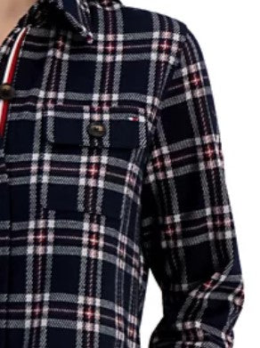 Tommy Hilfiger Women's Embroidered Flag Logo Collared Plaid Shirt Jacket