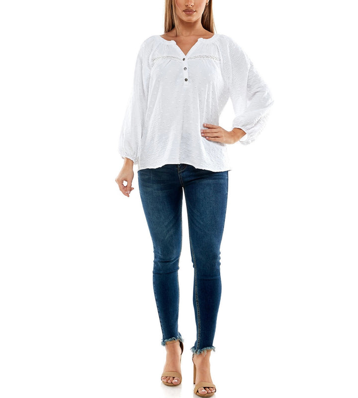 Adrienne Vittadini Women's V-Neck 3/4 Raglan Sleeve Blouse Bright White Size L