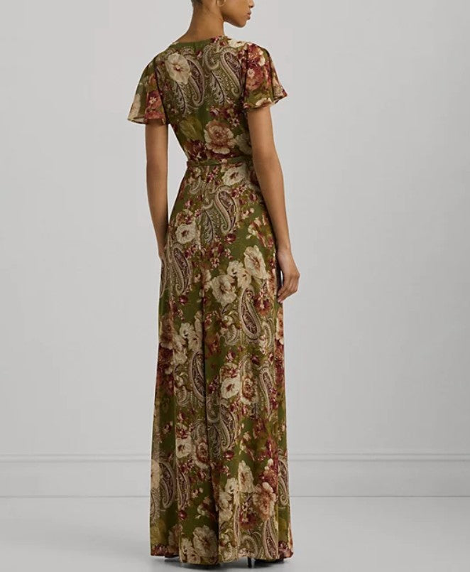 Lauren Ralph Lauren Women's Belted Floral Gown Dress Farm Olive Size 2
