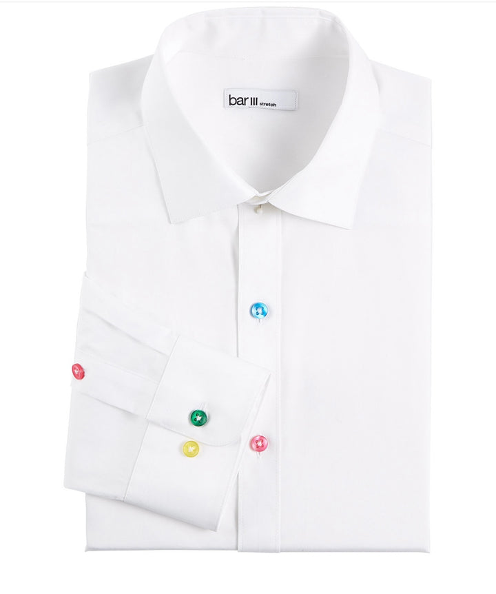 Bar III Men's Slim Fit Colored Buttons Dress Shirt White Size M 15-15 1/2