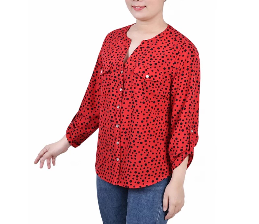 NY Collection 3/4 Sleeve Roll Tab Y Neck Blouse Petite Size PM