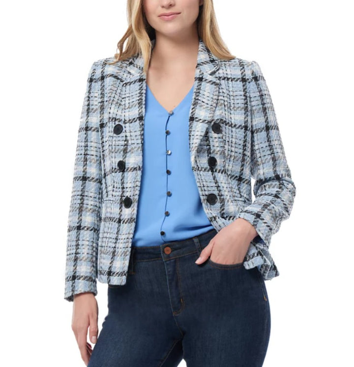 Jones New York Women's Plaid Open-Front Blazer Med Blue Petite Size PM