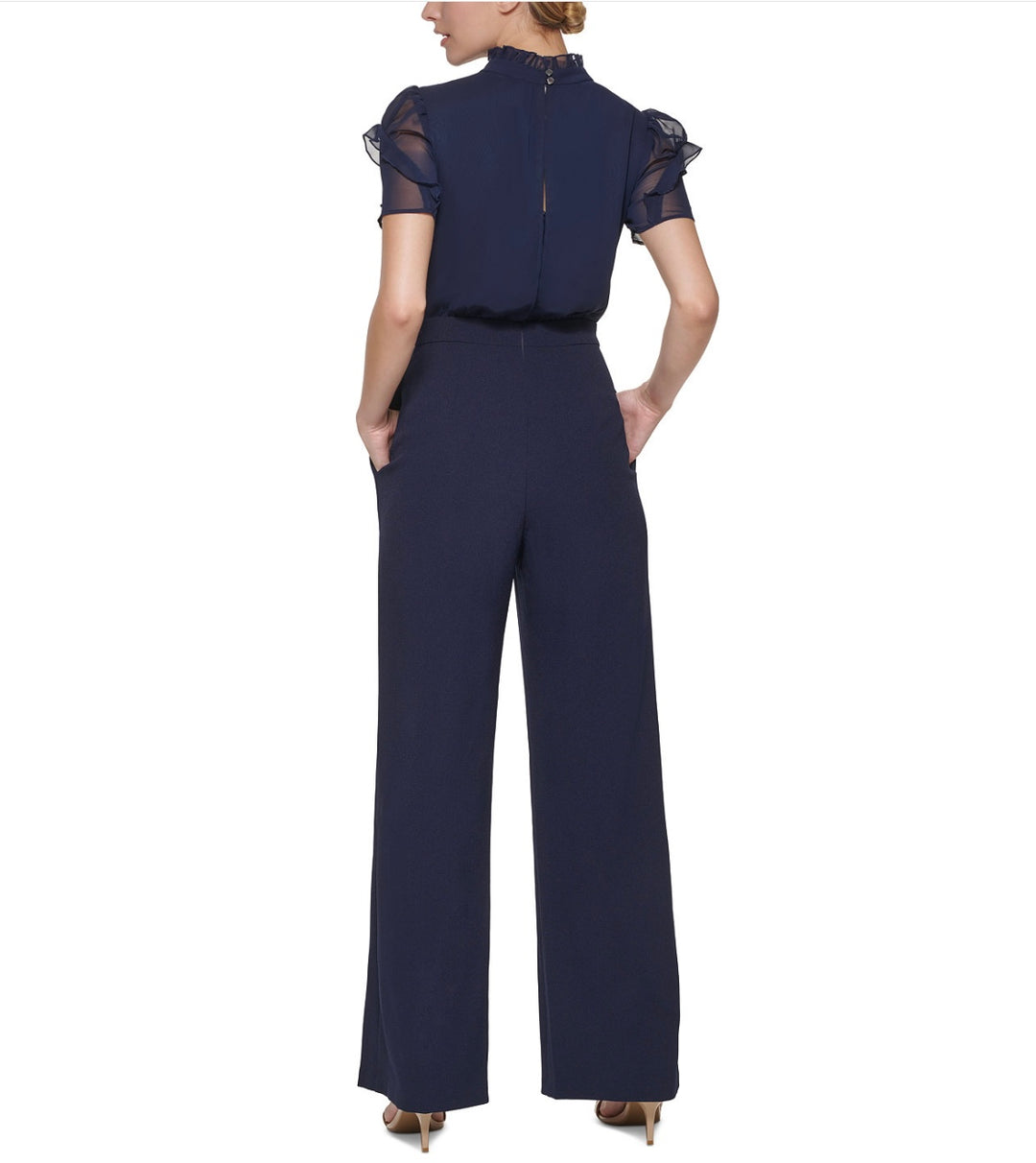 Vince Camuto Women's Mixed Media Wide Leg Jumpsuit Navy Size 8