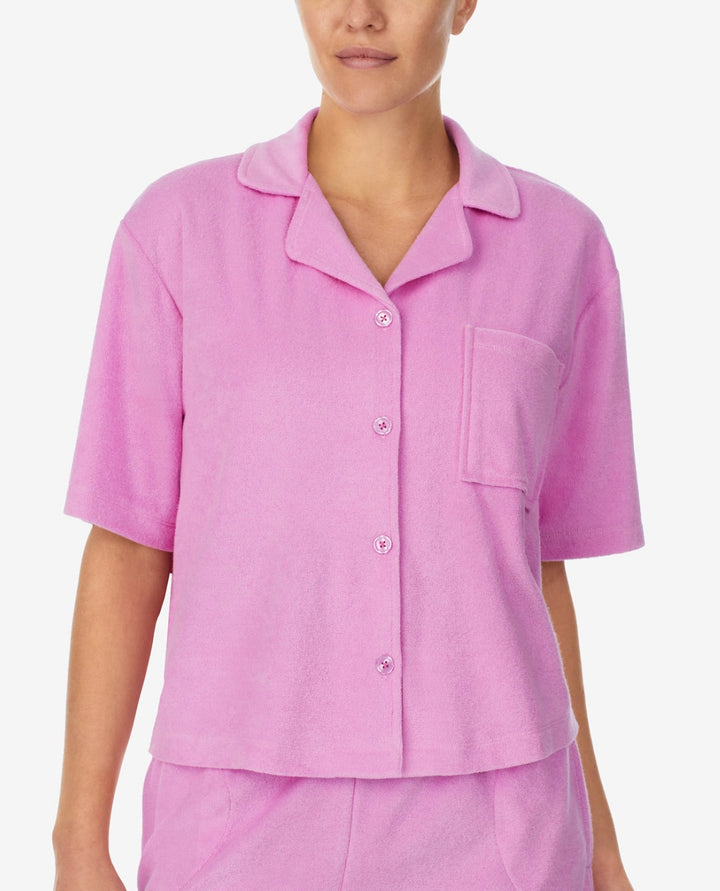Refinery 29 Women's Short-Sleeve Notch-Collar Top Dark Pink Size S