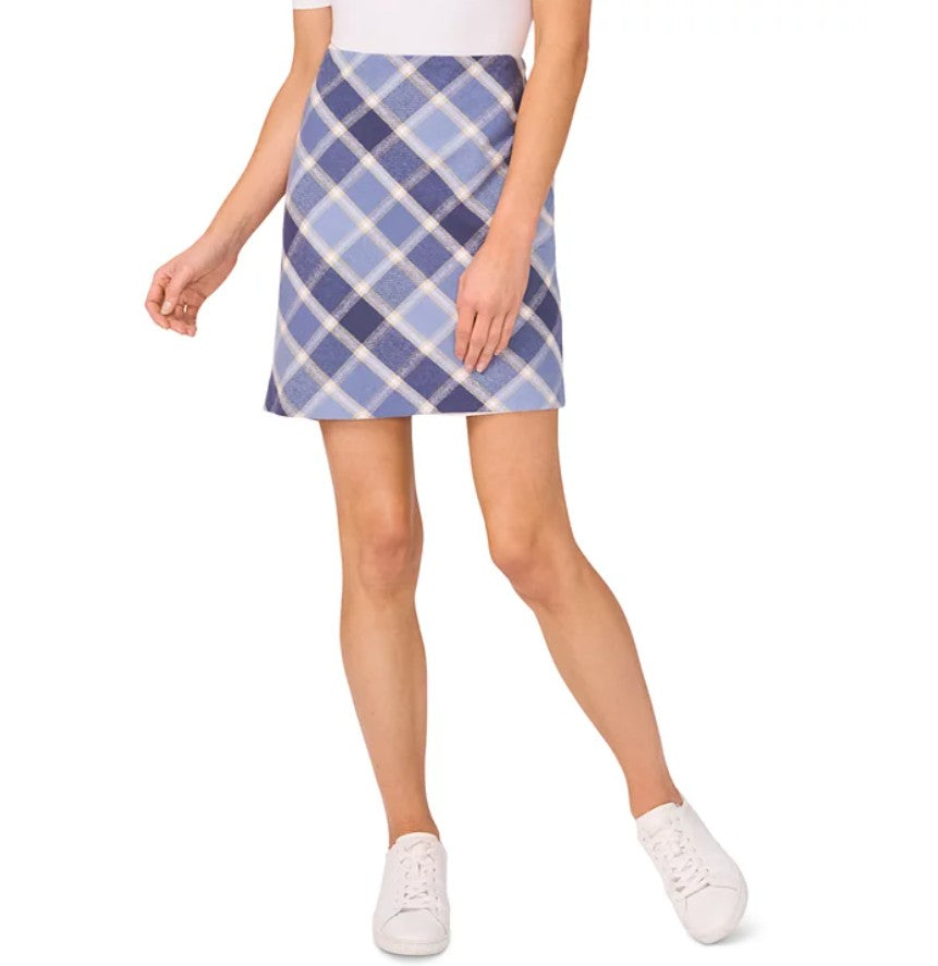 CeCe Women's Cotton Plaid A-Line Back-Zip Mini Skirt Niagara Blue