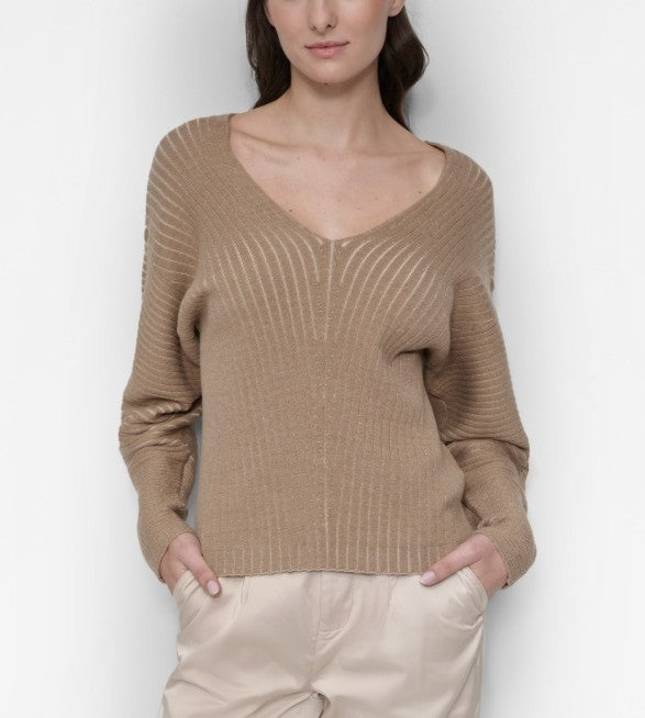 DKNY Women's V-Neck Long-Sleeve Rib-Knit Sweater Taupe Chino Khaki Size XL
