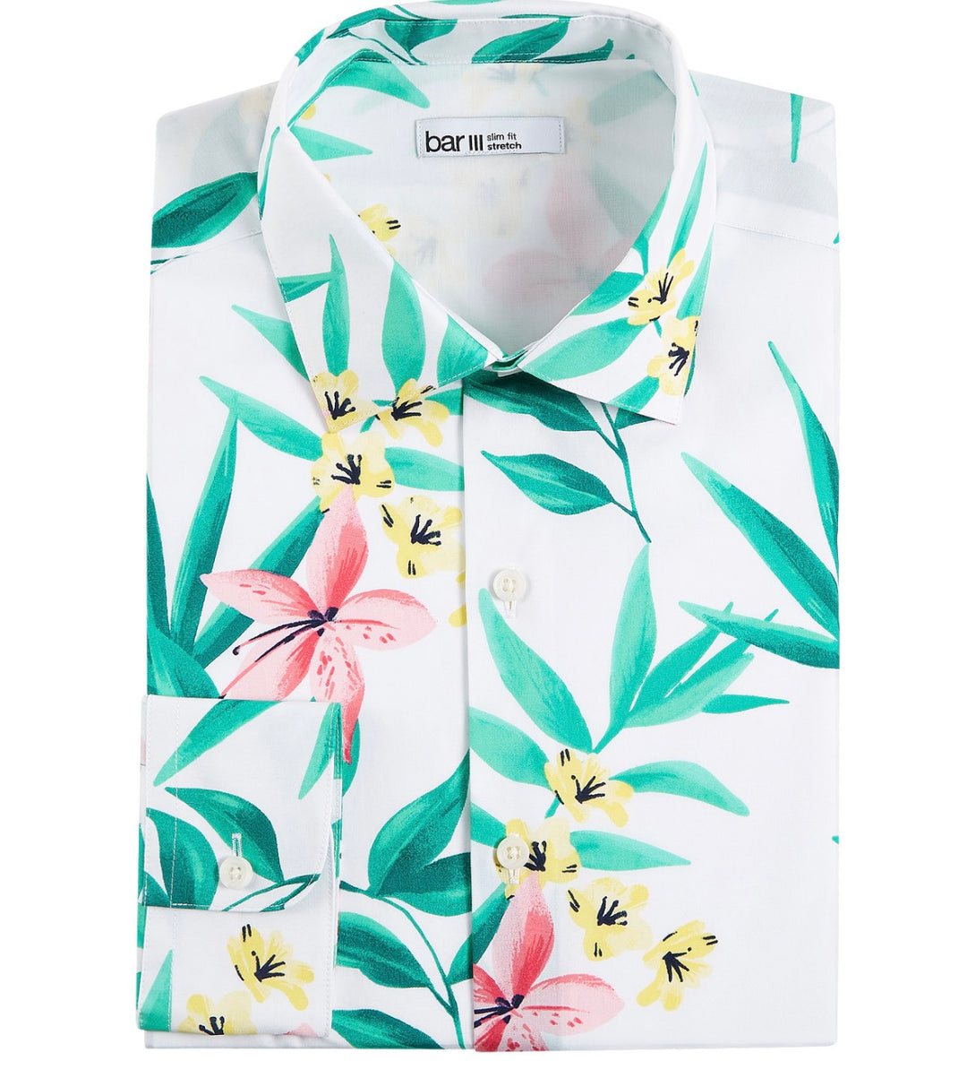 Bar III Men's Slim Fit Tropical-Print Dress Shirt White Green