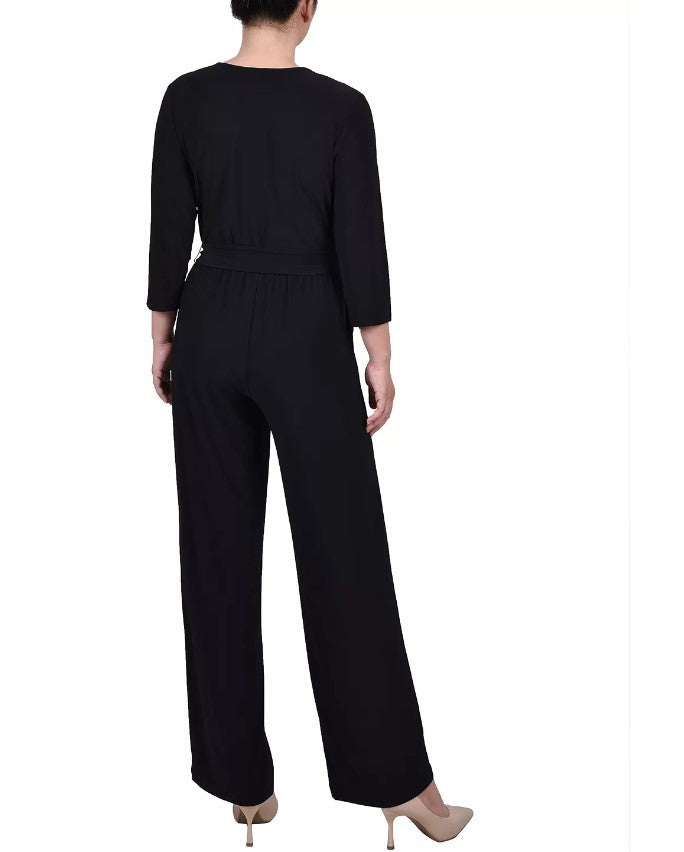 NY Collection Women's Petite Short 3/4 Sleeve Belted Wide Leg Jumpsuit Black