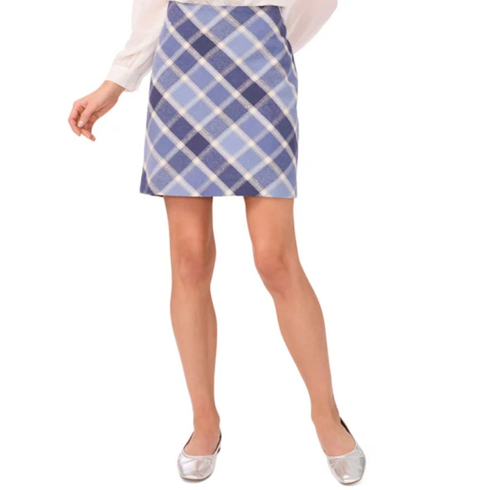 CeCe Women's Cotton Plaid A-Line Back-Zip Mini Skirt Niagara Blue