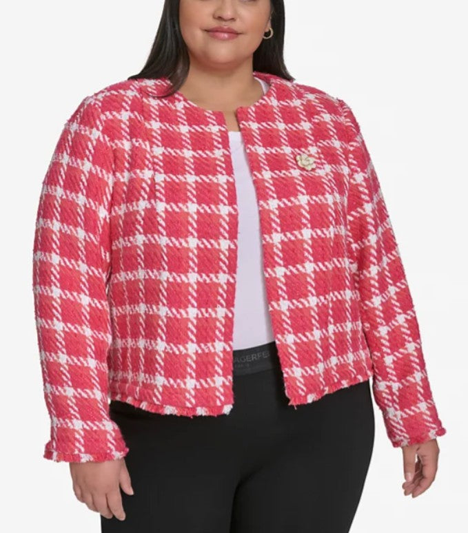 Karl Lagerfeld Paris Women's Open Tweed Short Jacket Tea Berry Sunset Coral