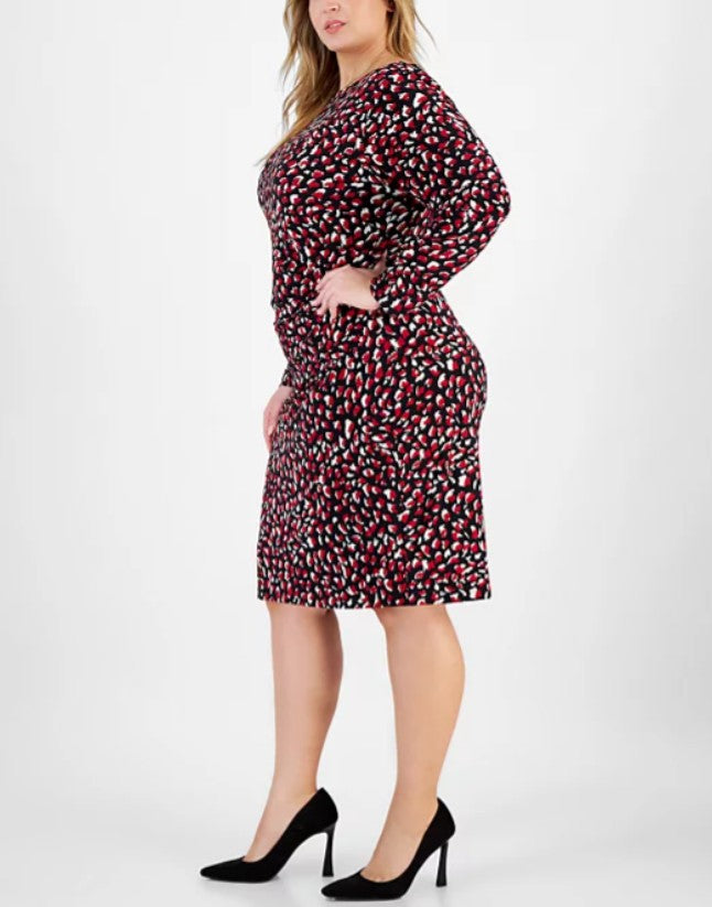 Kasper Women's Printed Boat-Neck Long-Sleeve Dress Black Multi Plus Size 1X